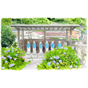 「梅雨地蔵」（愛媛県宇和島市吉田町の大信寺）《手描き透明水彩イラスト》（157×255）お寺にある六地蔵。通常は赤い前掛けだが、紫陽花に合わせたのか青い前掛けが爽やかでした。実際の光景よりも数割紫陽花を増やして描いています。